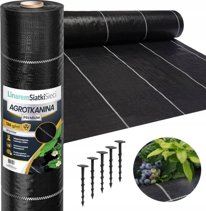 Linarem SiatkiSieci AGROTKANINA 135G 1,1x100m PREMIUM UV 3% AGROWŁÓKNINA CZARNA MATA + KOŁKI