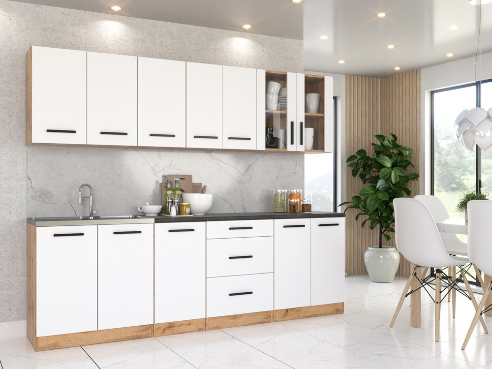 Meble Kuchenne Białe Mat Z Drewnem Zestaw Modułowy Nowoczesny Remino 2.6m