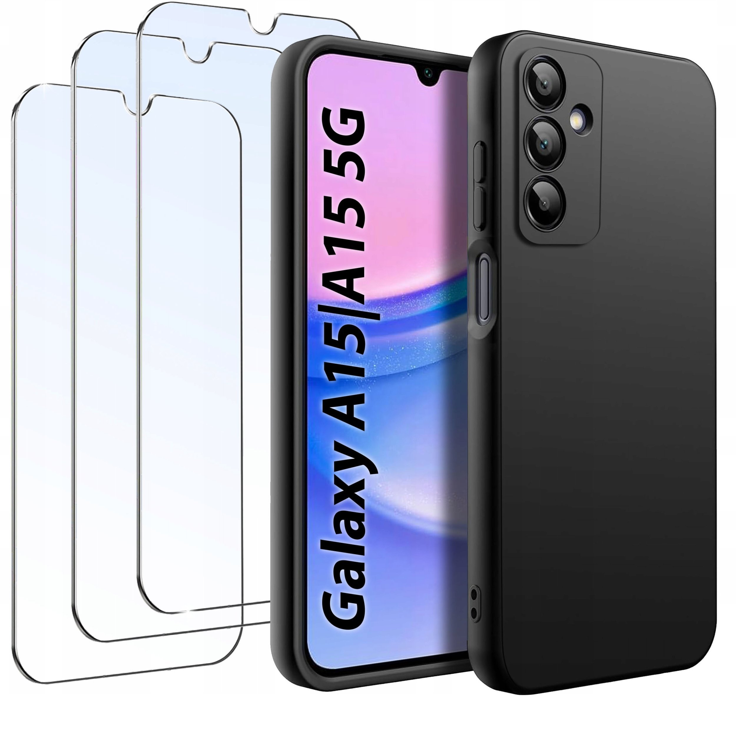 ZESTAW Etui do Samsung A15 4G|5G Matowe Czarne Silikon Slim +3 SZTUKI SZKŁO