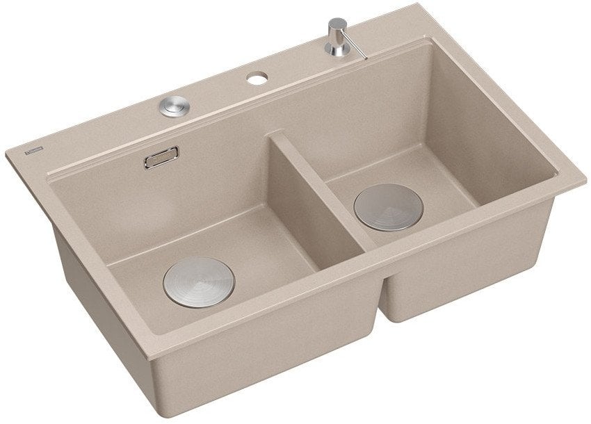 MARC 120 WORKSTATION GraniteQ zlewozmywak 2-komorowy 760*500*235 mm pearl beige + syfon push to open + dozownik stal szcz.+ wkładka ociekowa+ Qmata +d