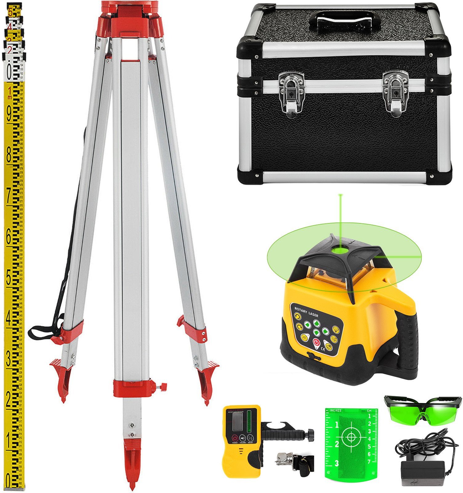 Poziomica laserowa obrotowa zielona 500m zestaw z trójnogiem i tyczką