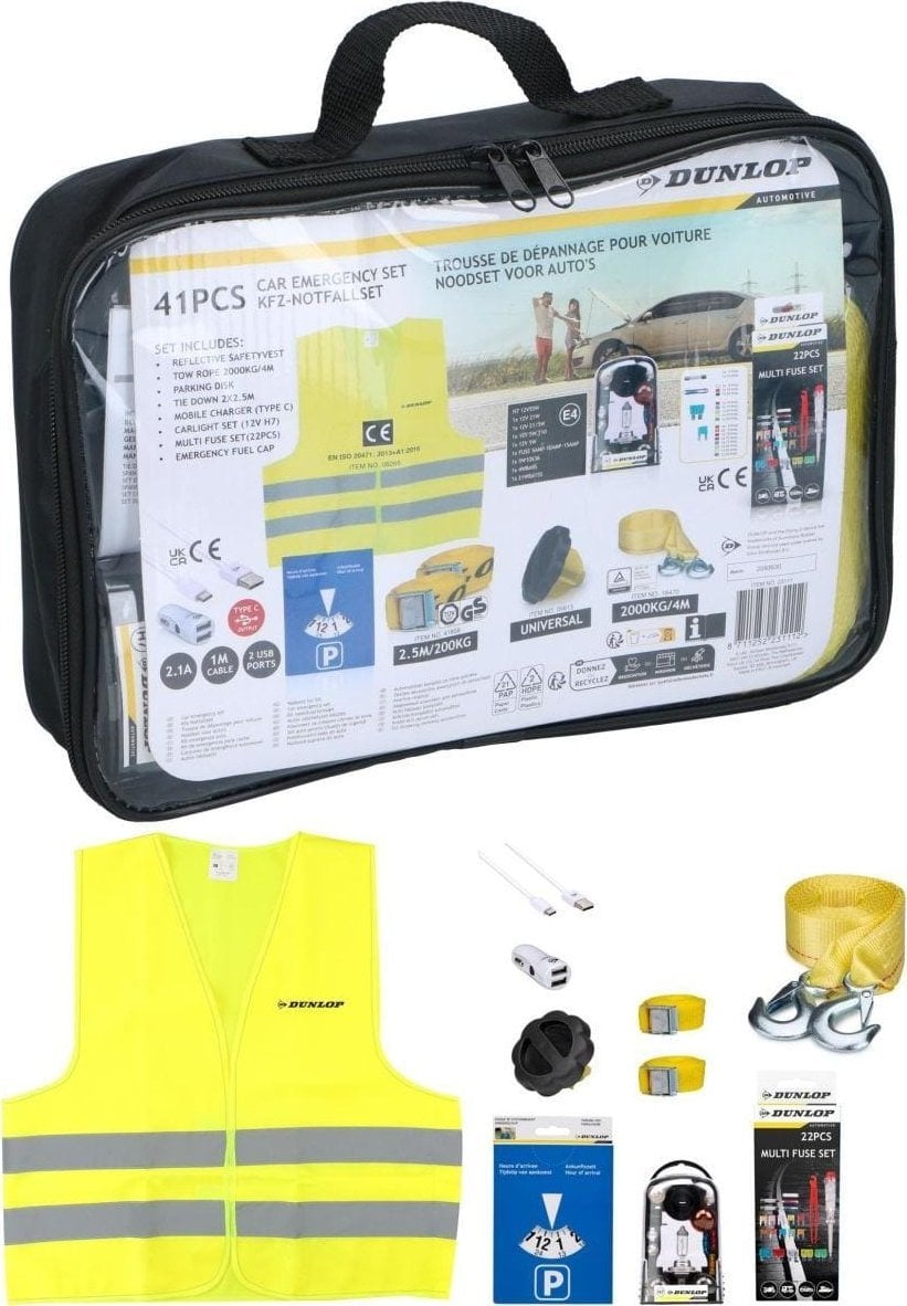 ZESTAW OBOWIĄZKOWY AWARYJNY DO SAMOCHODU DUNLOP 9 ELEMENTÓW