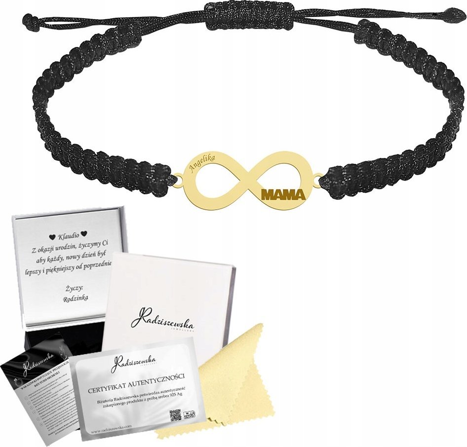 MEJK Jewellery Bransoletka Złota dla Mamy Nieskończoność Srebro 925 Grawer Makrama