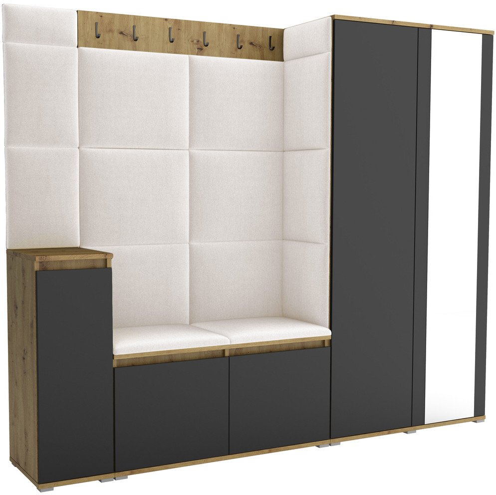 Tapicerowana garderoba Noris VIII z lustrem - kolor artisan z czarnym frontem + tkanina Trinity 01