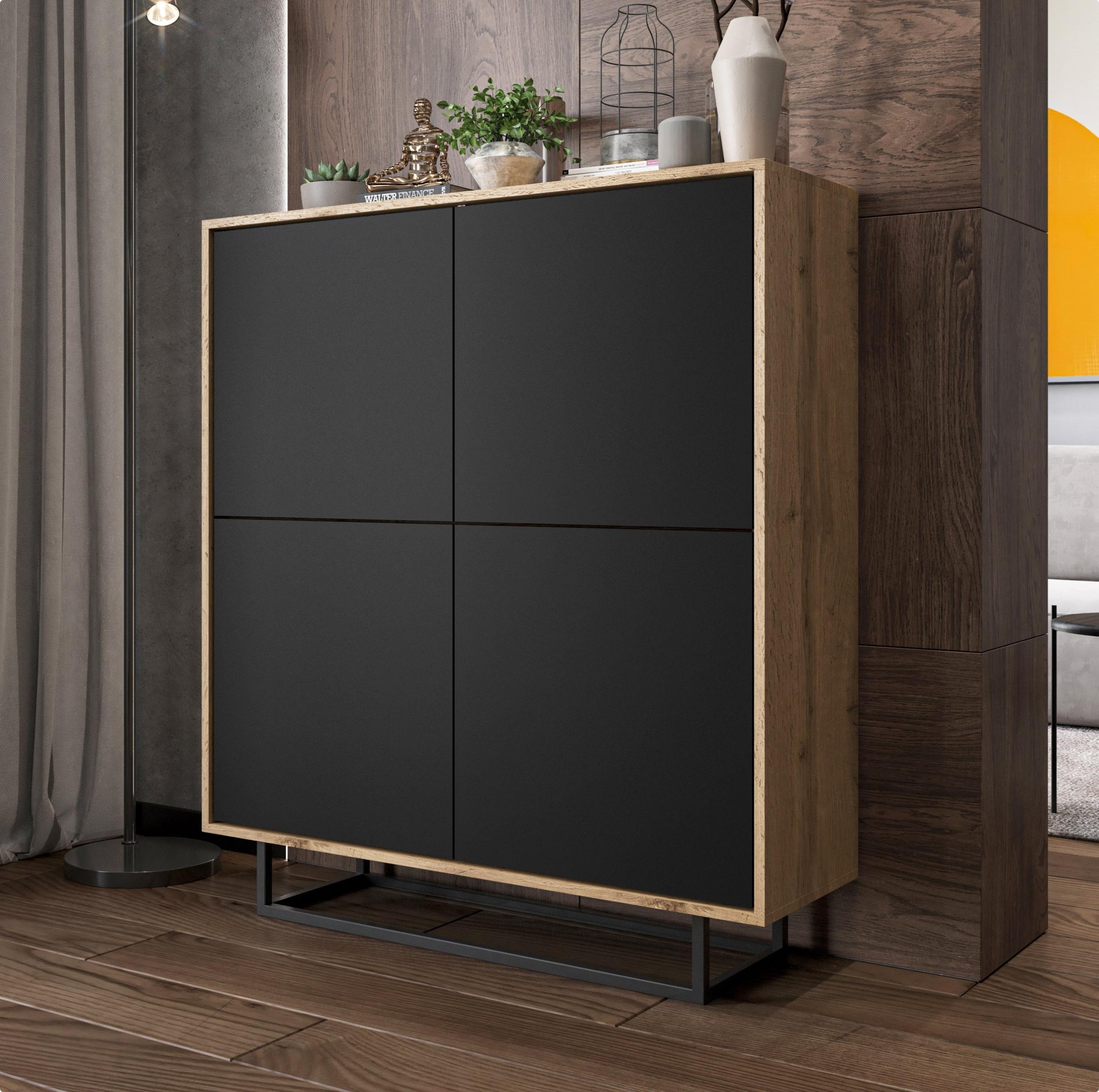 Meble Lindner Komoda Loft Industrialna szafka RTV Loft Dąb wotan czarny MAT 113 cm