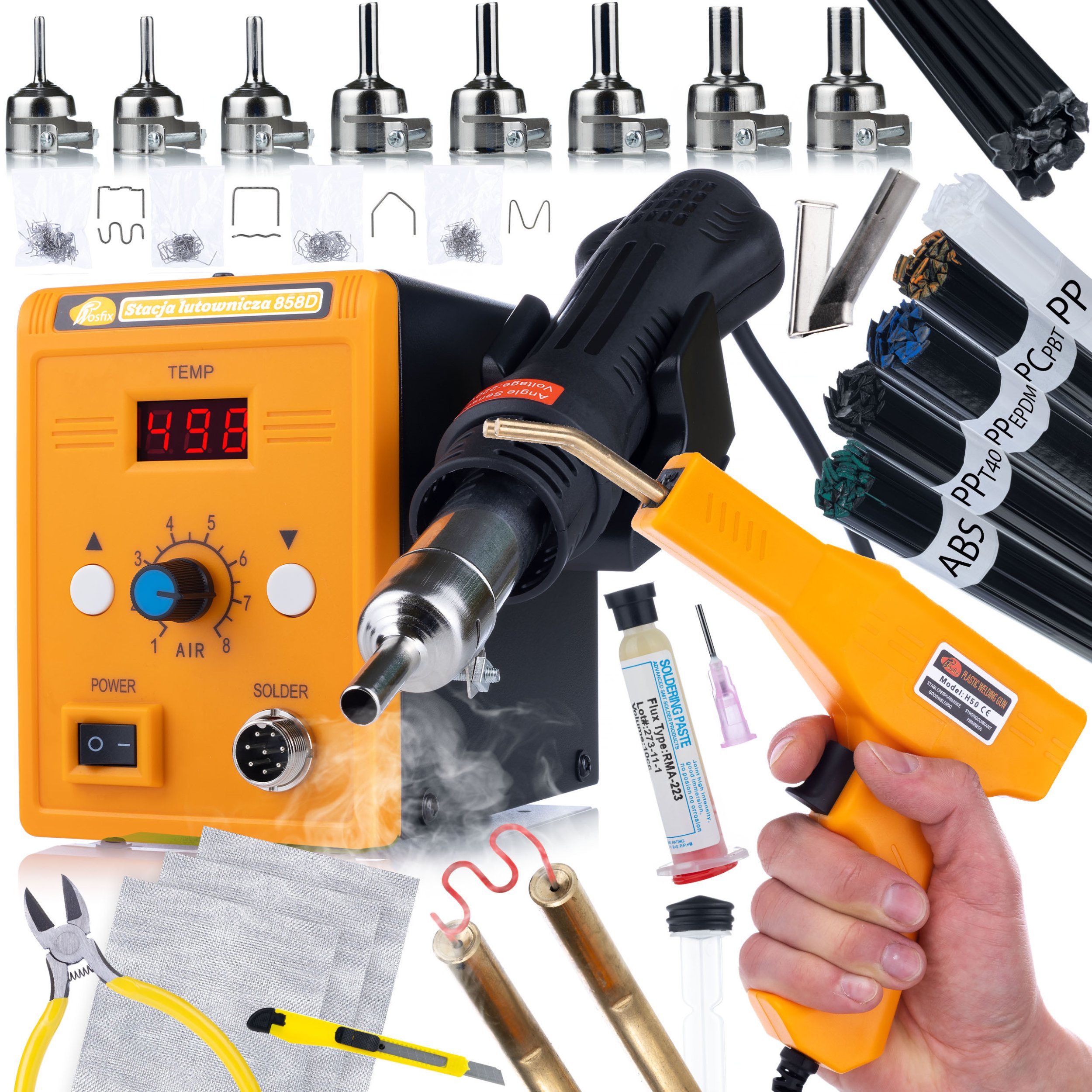 ZESTAW ROSFIX STACJA LUTOWNICZA 858D ZSZYWACZ DYSZE SPOIWA SIATKI TOPNIK