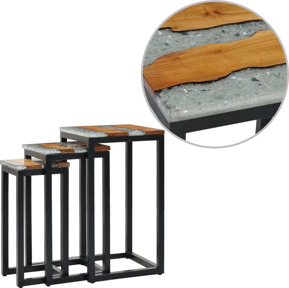 vidaXL Stoliki wsuwane pod siebie, 3 szt., drewno tekowe i poliżywica