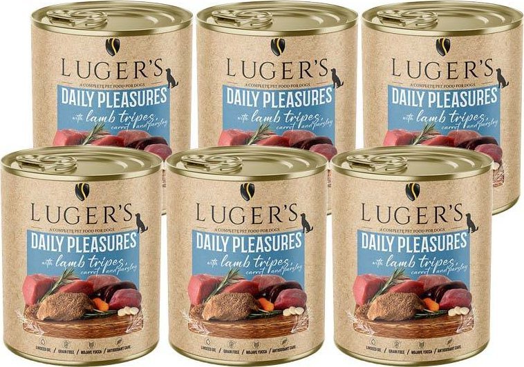 Karma mokra dla psa Luger's Daily Pleasures z żołądkami jagnięcymi, marchewką i pietruszką zestaw 6 x 800 g