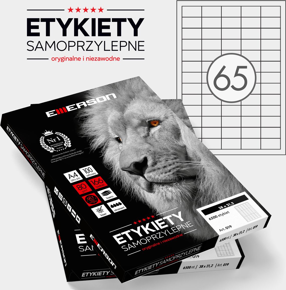 Emerson ETYKIETY 38 X 21.2 MM. 65 SZT/A4 EMERSON UNIWERSALNE