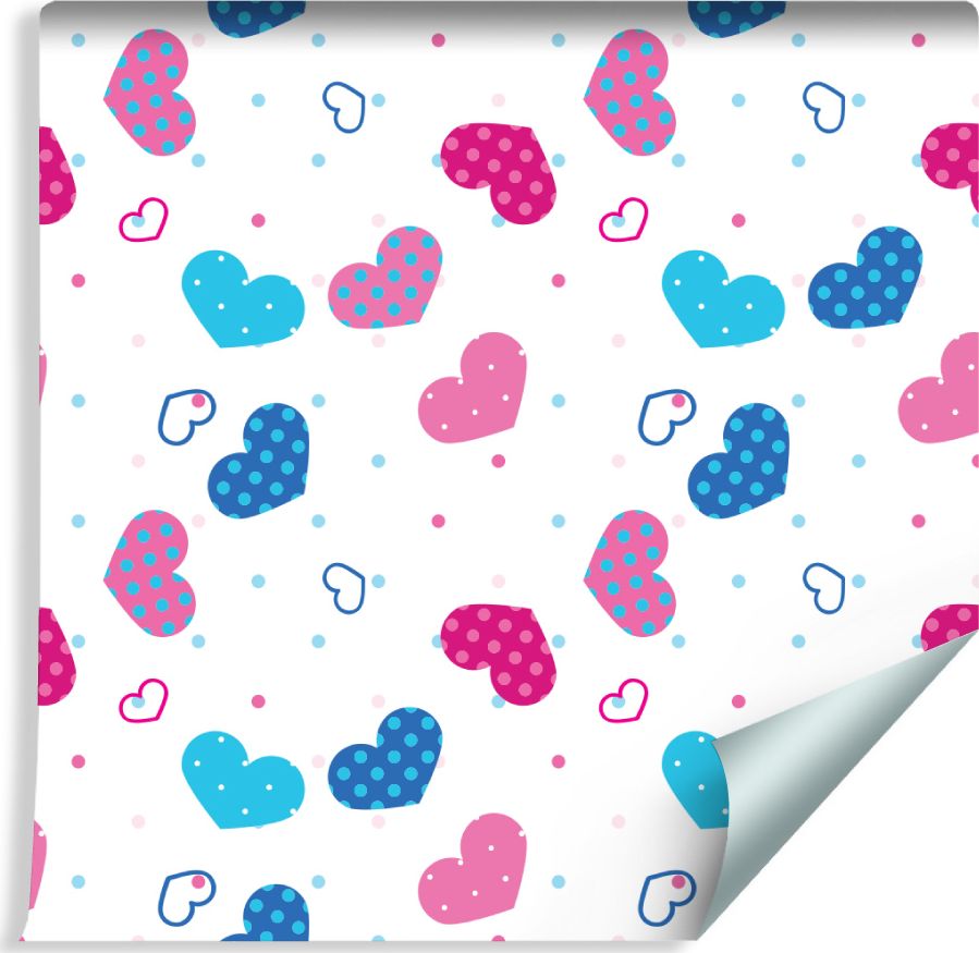 Muralo Tapeta Dla Dzieci - Niebieskie, Różowe i Białe Serduszka