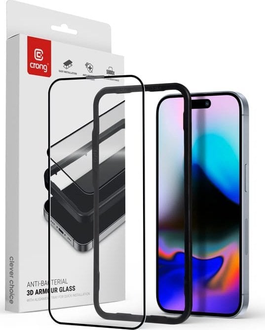 Crong Crong Anti-Bacterial 3D Armour Glass - Szkło hartowane 9H Full Glue do iPhone 16 Pro + ramka instalacyjna