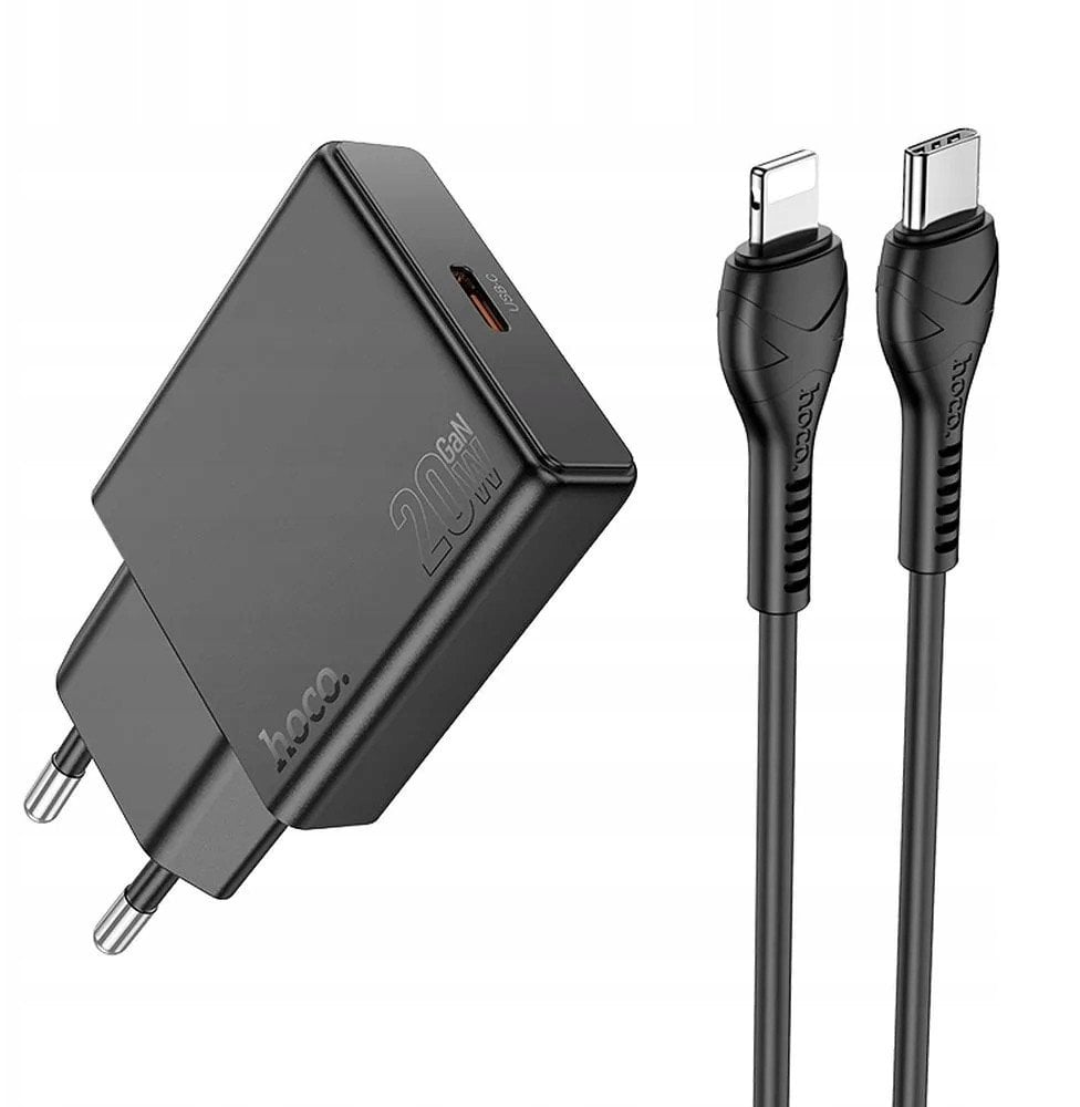Ładowarka sieciowa do telefonu Hoco Slim USB C QC PD 30W + kabel USB C do Lightning N37 czarna
