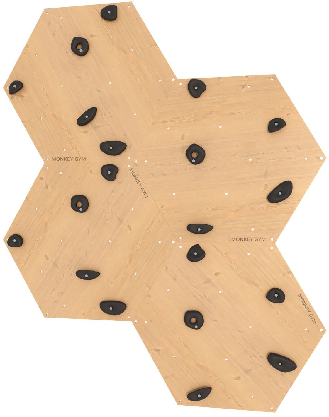 Ścianka wspinaczkowa sześciokątna 4x drewno płyta + 20 czarnych uchwytów