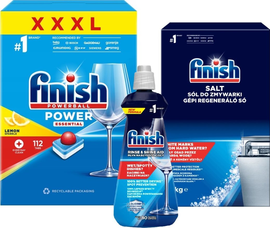 Finish Zestaw detergentów do zmywarek Kapsułk + Nabłyszczacz + Sól
