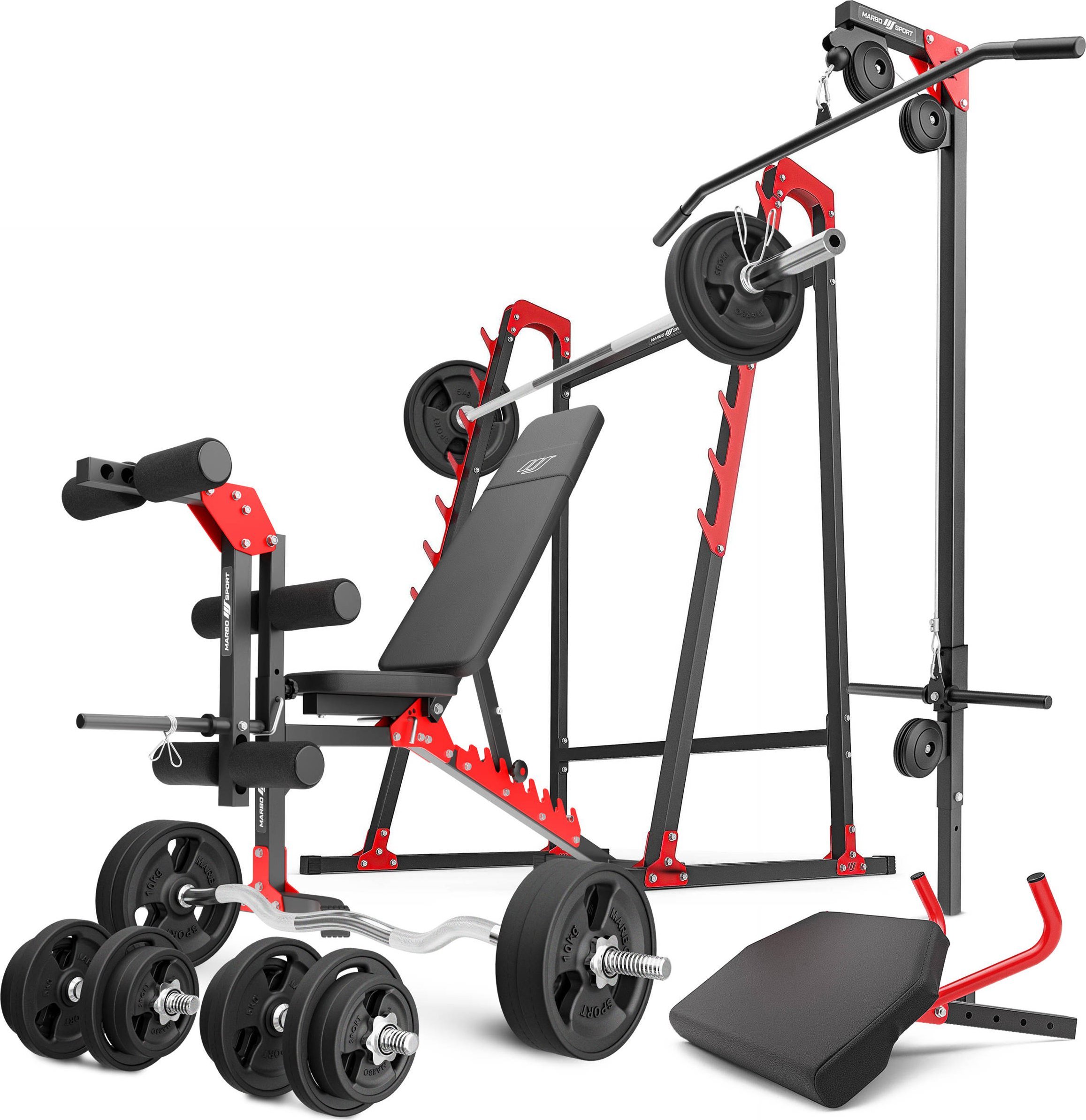Zestaw MH26_177KG_KIER_G | Ławka + stojaki + prasa na nogi + wyciąg + modlitewnik (wsuwka) + zestaw gryfów i obciążeń gumowanych 113 kg - Marbo Sport