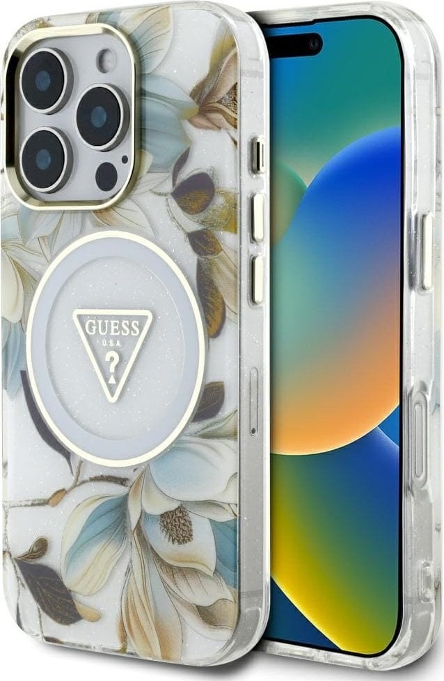 Etui Guess Glitter Flowers Triangle Buttons MagSafe do iPhone 16 Pro biały