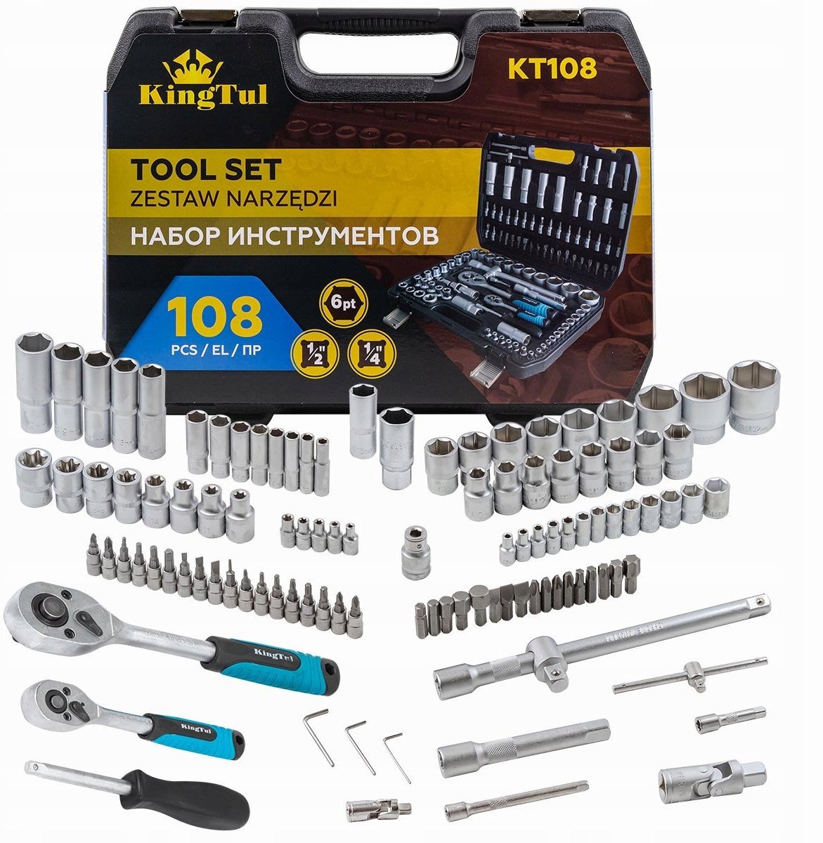Zestaw narzędzi 108el. 1/4", 1/2" (6-kątnych) (4-32mm)