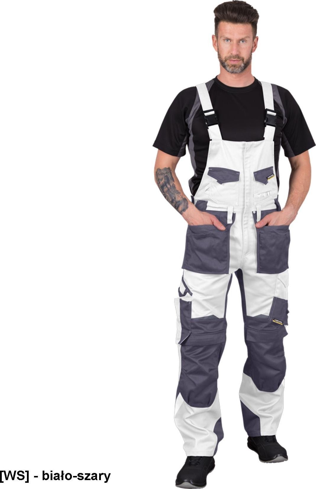 R.E.I.S. HARVER-B - spodnie ochronne ogrodniczki, 65% poliester, 35% bawełna 300 g/m, 10 kieszeni, pętelki na klucze i akcesoria - biało-szary 54