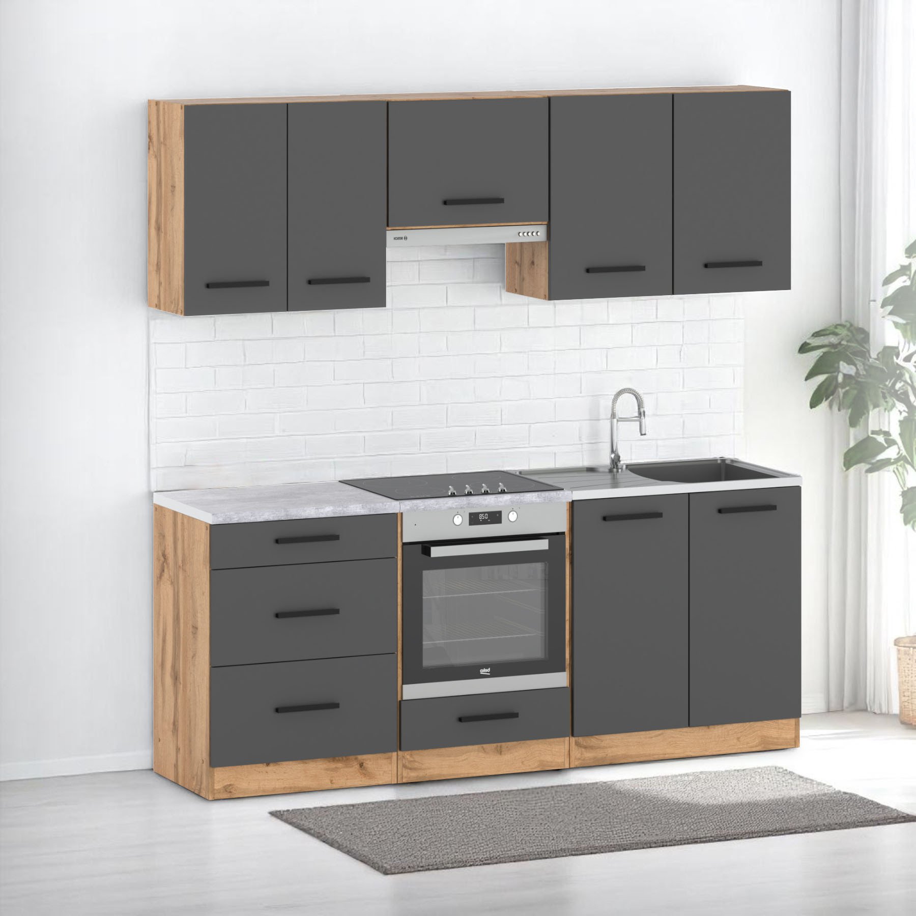 Meble Kuchenne Małe Z Blatem Mini Mokka Full 2.0m Pojemna Wotan Szara Mat