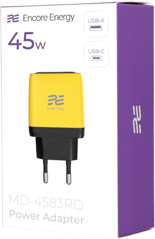 Ładowarka sieciowa Encore Energy GaN QC PD USB-A 18W USB-C 45W MD-4583RD standard