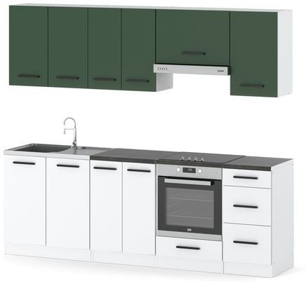 Kuchnia Pojemna 2.4m Modułowa Z Blatem Mała Biała Butelkowa Zieleń Biała