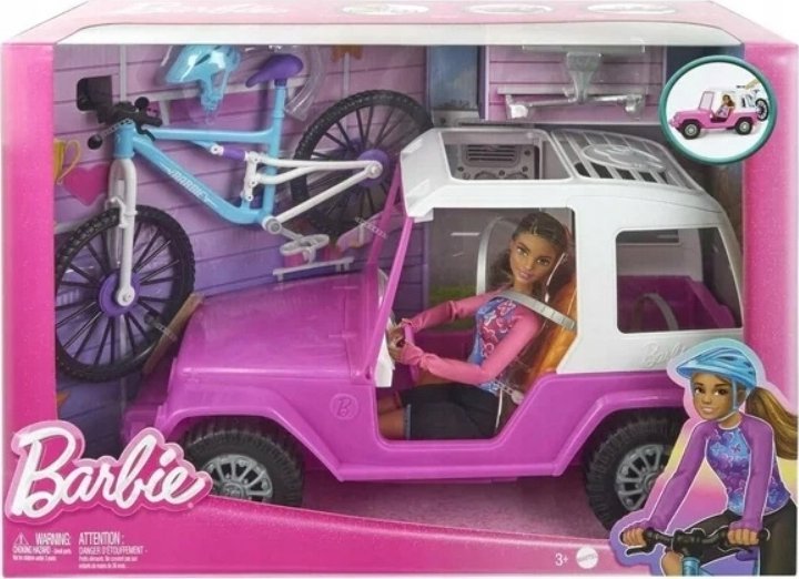 LALKA BARBIE MADE TO MOVE + AUTO JEEP + ROWER GÓRSKI duży zestaw do zabawy