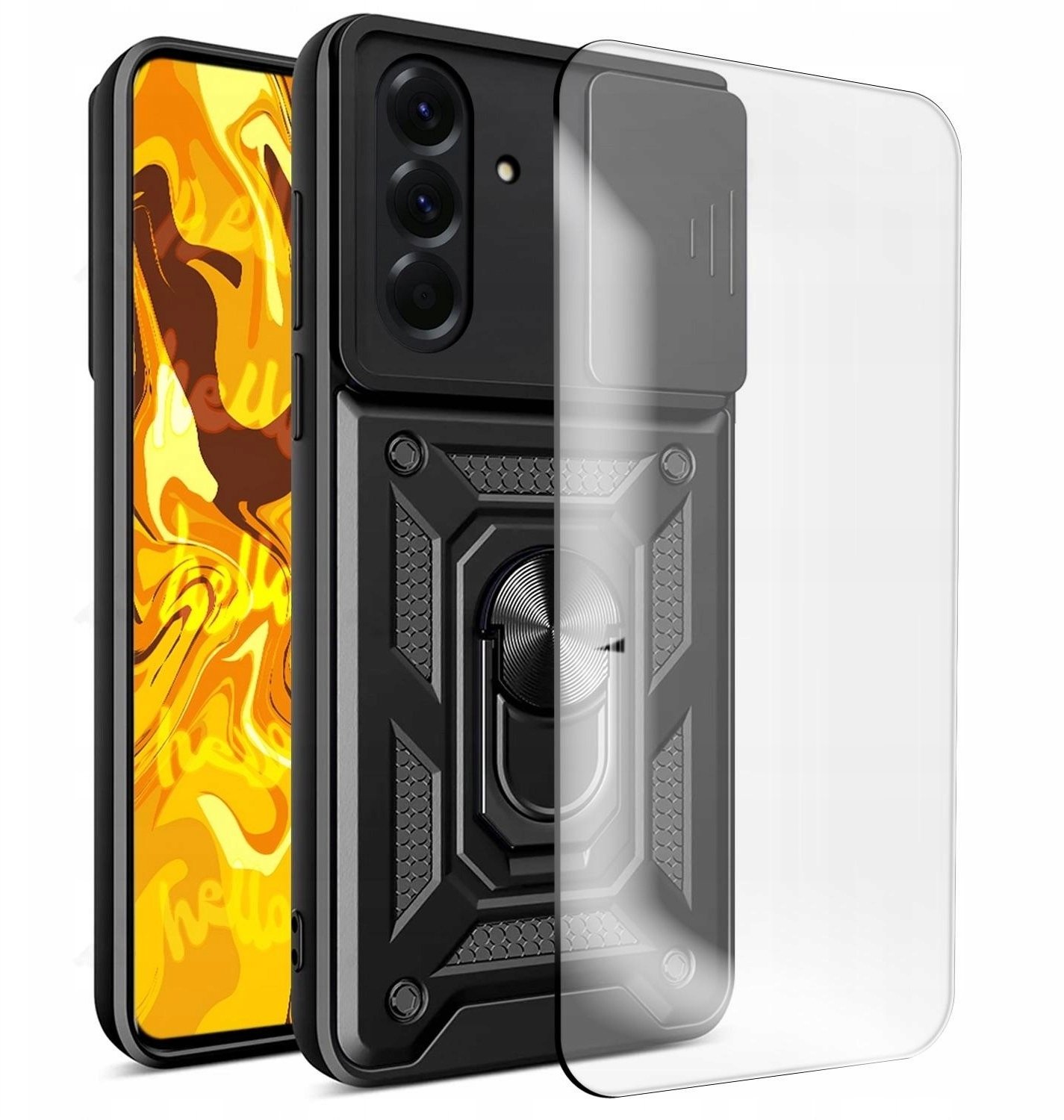 ETUI PANCERNE DO SAMSUNG GALAXY A56 CZARNE ARMOR HOLDER RING CASE SZKŁO