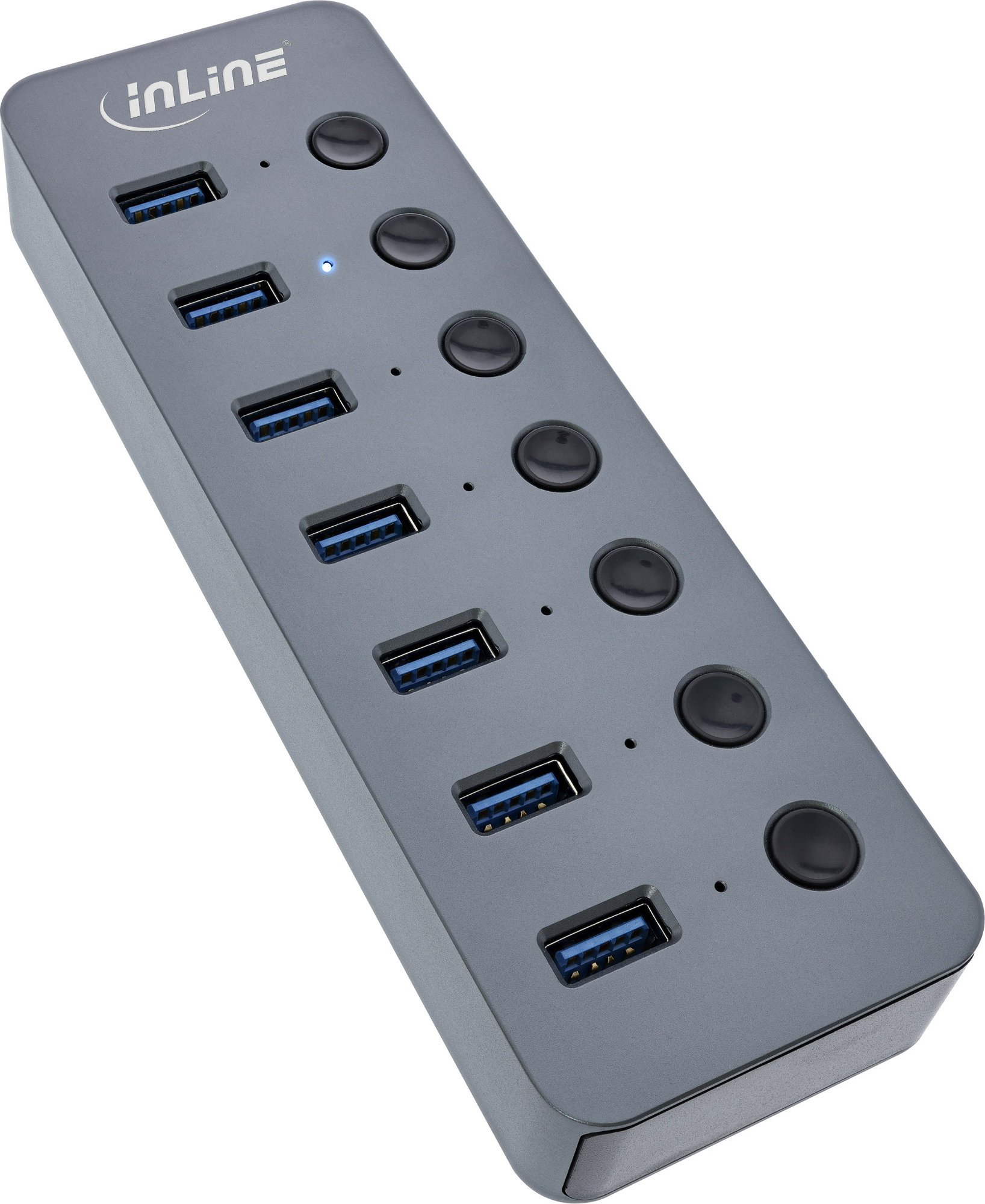 HUB USB InLine InLine® USB 3.2 Gen.1 hub, 7-port, with switch, aluminium, grey, with power supply unit