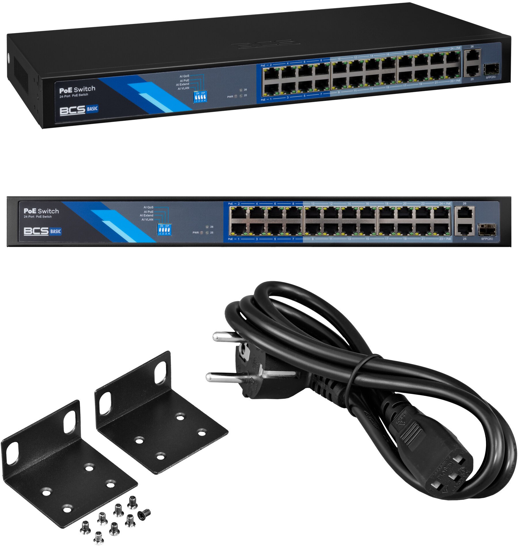 Switch 24 portowy PoE 100Mbps, 2xRJ45 Gigabit Uplink + 1xSFP BCS-B-SP2402G-1SFP
