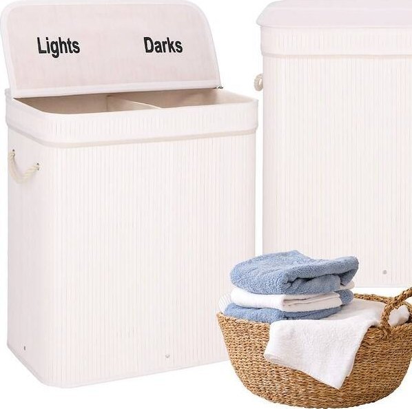 Kosz na pranie Springos Kosz na pranie 100L z pokrywą biały bambus dwukomorowy UNIWERSALNY