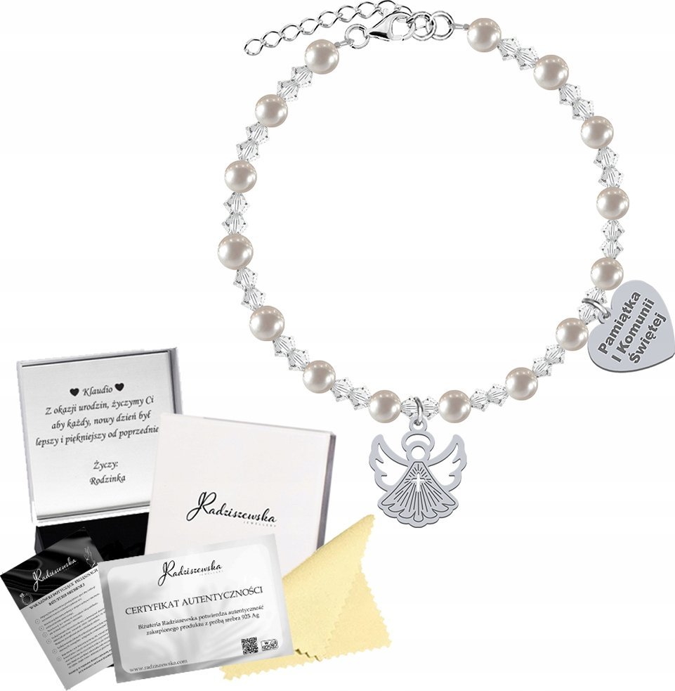 Radziszewska Jewellery Bransoletka na KOMUNIĘ Aniołek Serce z GRAWEREM SREBRO 925 Perły Kryształy