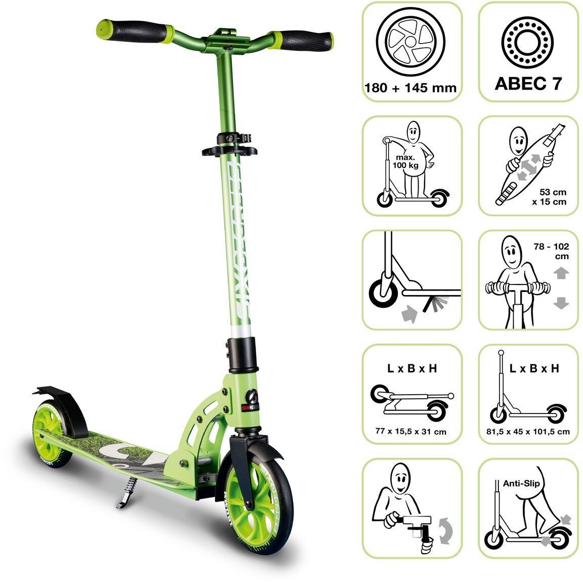 Six Degrees Aluminium Scooter 180/145 mm green AU 587