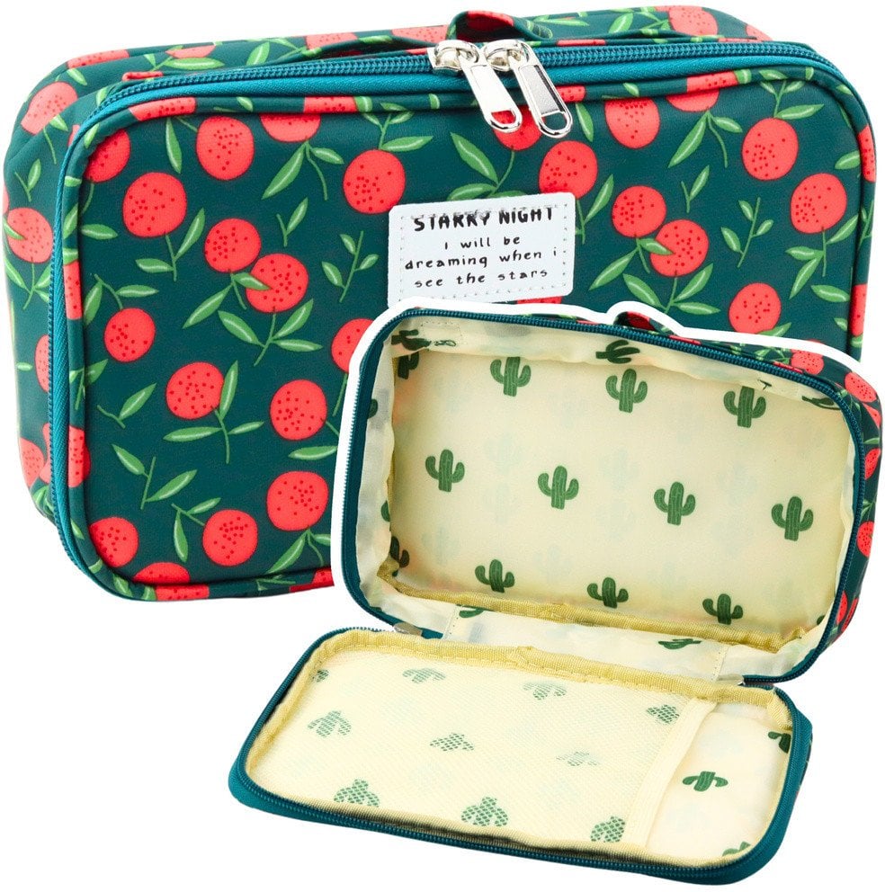 Piórnik Szkolny Organizer Kosmetyczka Kieszonka Wiśnie Zielony 22,5cm LEAN