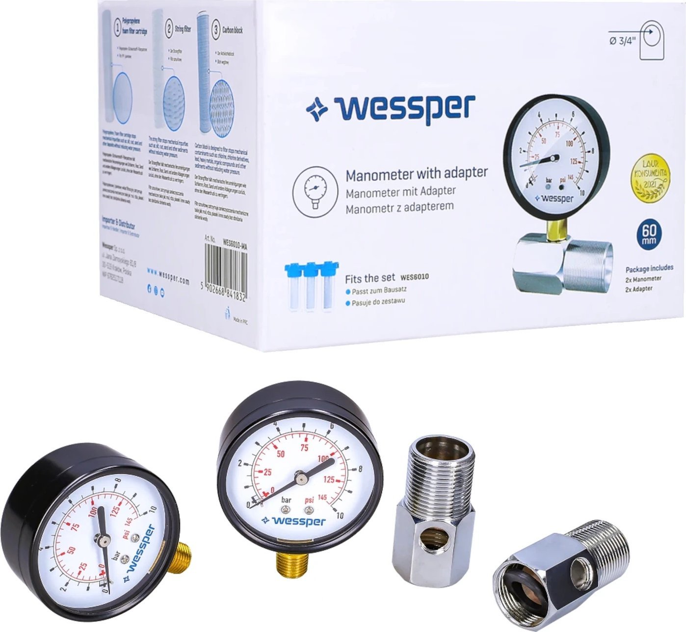 Wessper Wessper 2x Manometr i 2x adapter do filtrów wody 3/4"