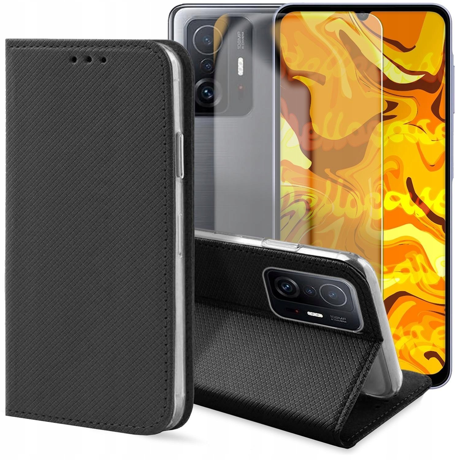 Etui z Klapką Do Xiaomi 11T / 11T Pro (Czarne, Zamykane, Kabura) Szkło