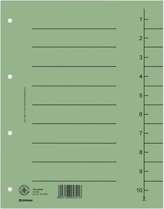 Donau Przekładka DONAU, karton, A4, 235x300mm, 1-10, 1 karta, zielona