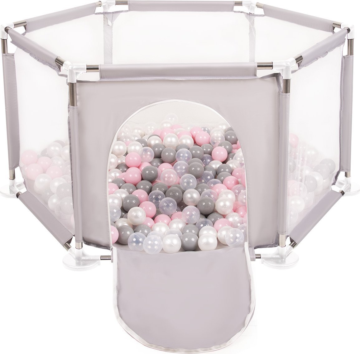 Selonis Sześciokąt składany KS-100X z piłeczkami 6cm szary: perła-szary-transparent-pudrowy róż 63x64/400piłek Zabawka kojec