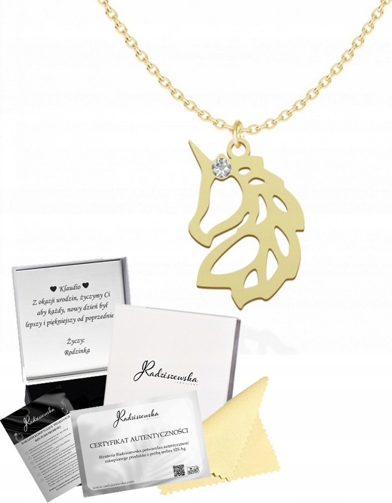 Radziszewska Jewellery Naszyjnik Złoty z Jednorożcem 925 Jednorożec Łańcuszek DEDYKACJA GRATIS