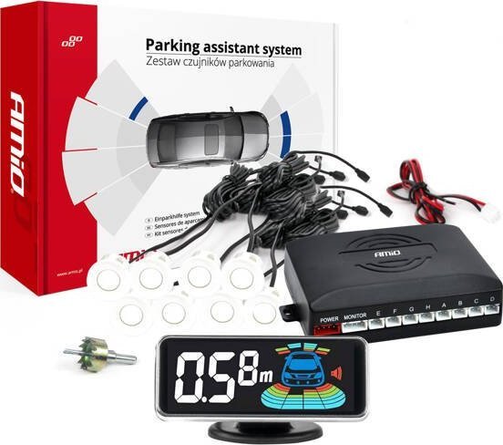 AMiO Czujniki parkowania cofania białe LED 3D przód tył AMIO-03194