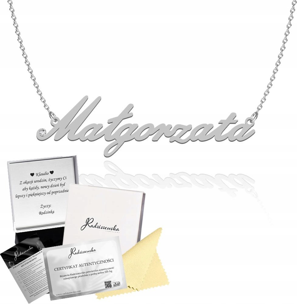 Radziszewska Jewellery Naszyjnik Srebrny z imieniem Małgorzata Łańcuszek 925 ŻYCZENIA GRATIS