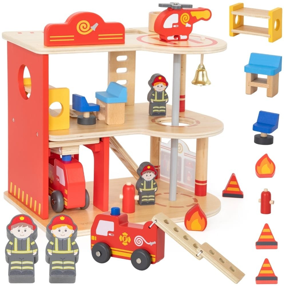 VIGA Drewniany Garaż Remiza Straży Pożarnej Zestaw 14 el