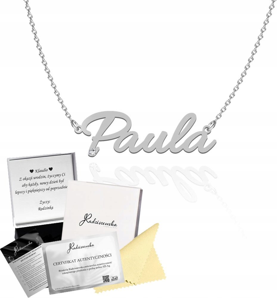 Radziszewska Jewellery Naszyjnik Srebrny z imieniem PAULA Łańcuszek SREBRO 925 Prezent Dedykacja