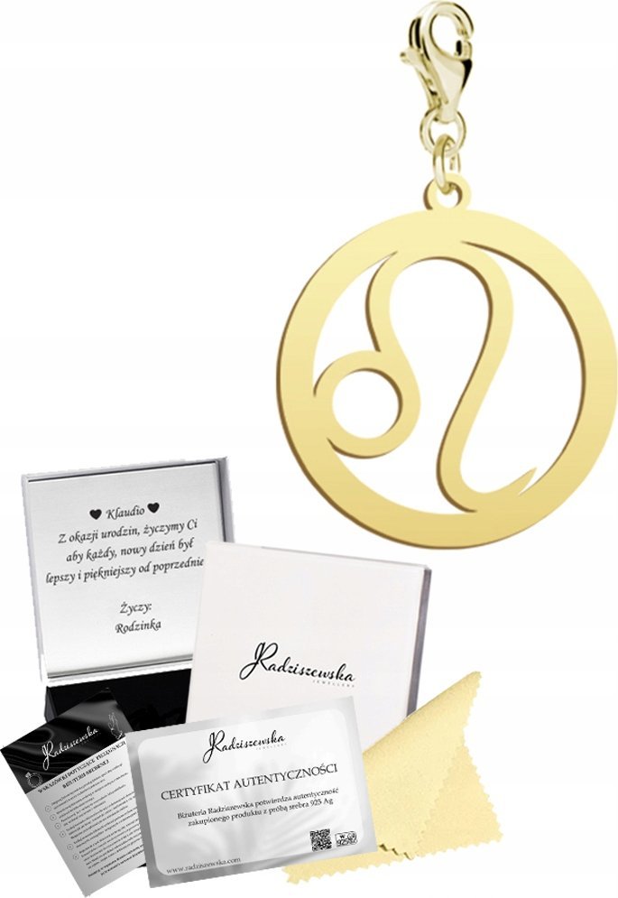 Radziszewska Jewellery Charms Złoty Znak Zodiaku LEW Prezent SREBRO 925 Karabińczyk DEDYKACJA