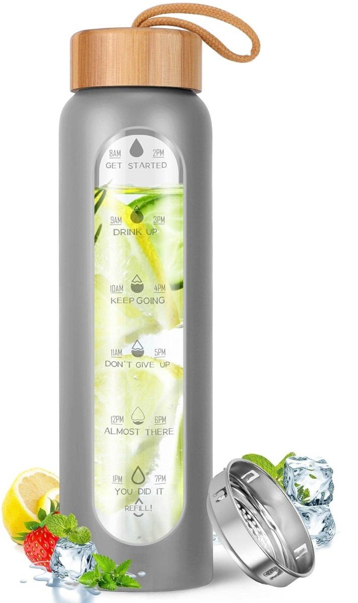 Szklana butelka na wodę 1l motywacyjna Supero, szara