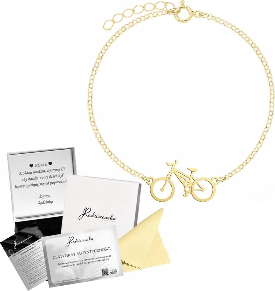 Radziszewska Jewellery Złota Bransoletka ROWER Łańcuszek SREBRO 925 Prezent DEDYKACJA GRATIS