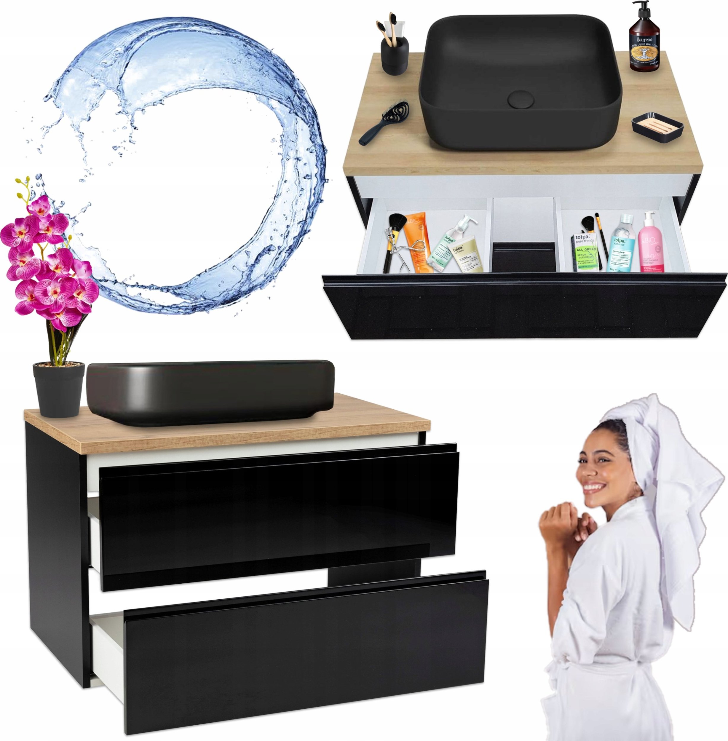 Szafka Wisząca Mod Czarna + Blat Dąb Złoty 100 Połysk Umywalka Nablatowa 50