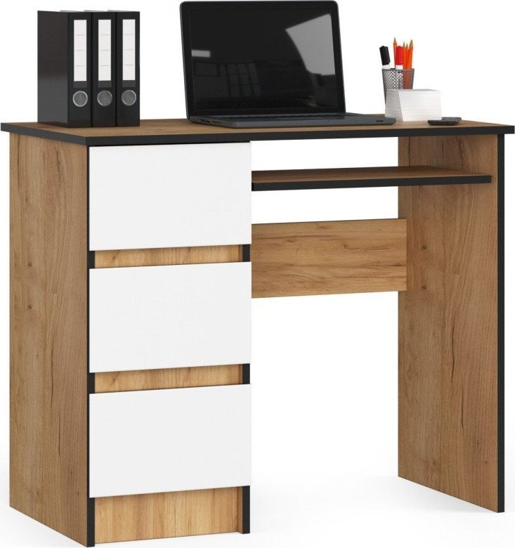 Biurko Fabryka Mebli Akord Biurko komputerowe A-6 90 cm lewe - dąb craft-białe - 3 szuflady