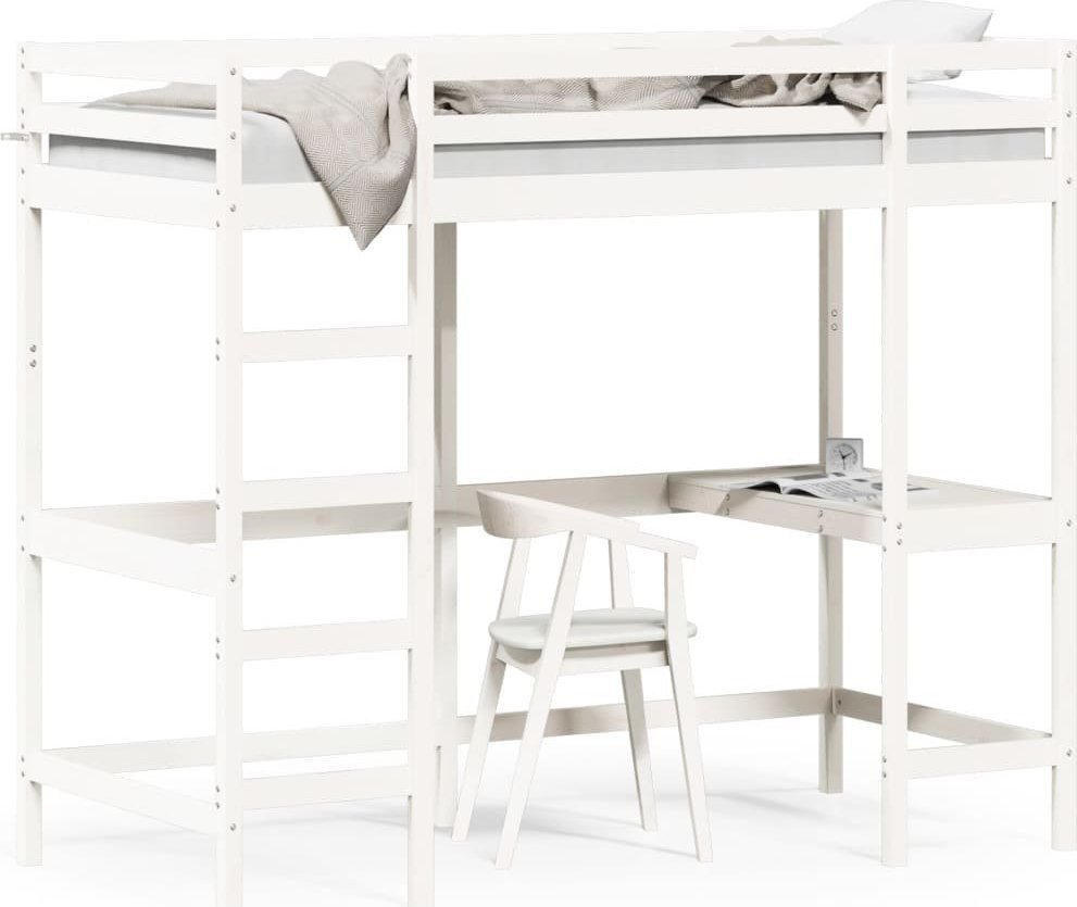 vidaXL Łóżko na antresoli, z biurkiem, białe, 90x190 cm, sosnowe