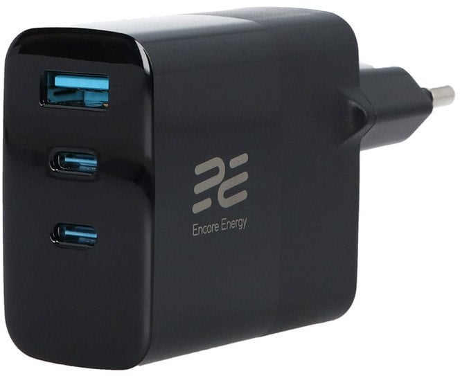 Ladowarka sieciowa Encore Energy GaN QC 4+ PD 3.0 USB-A USB-C x2 65W MD-6583R wyświetlacz standard