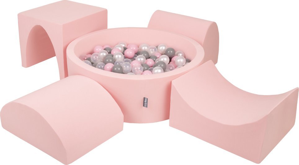 KiddyMoon Piankowy plac zabaw PPZP-OK30D-135 z piłeczkami różowy: perła-szary-transparent-pudrowy róż basen 200/górka/tunel/rampa L/półwałek L Zabawka